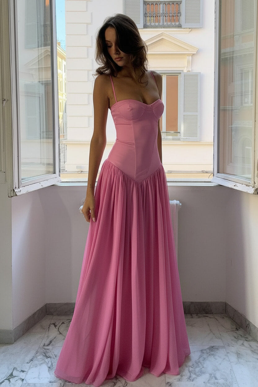 A Line Spaghetti Straps Pink Corset Prom Dress With Ruffles Formal Evening Gown