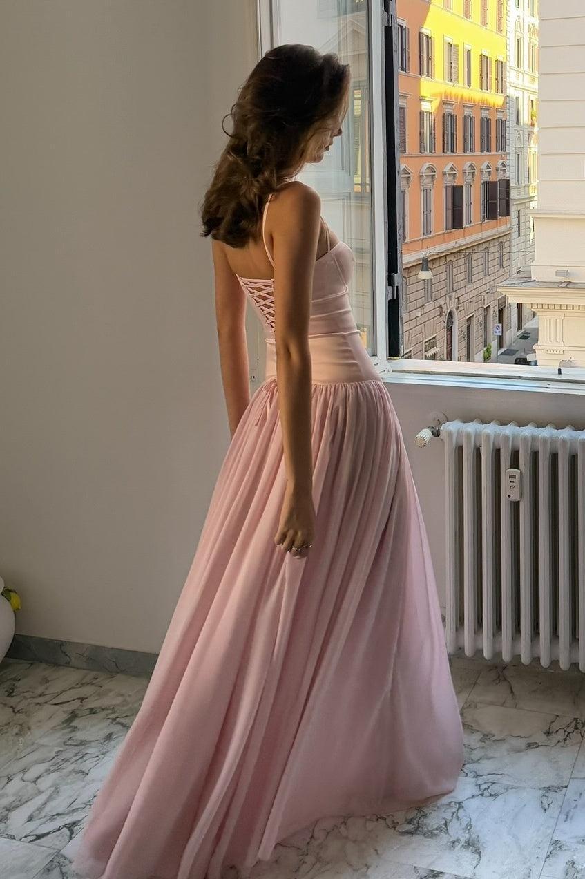 A Line Spaghetti Straps Pink Corset Prom Dress With Ruffles Formal Evening Gown