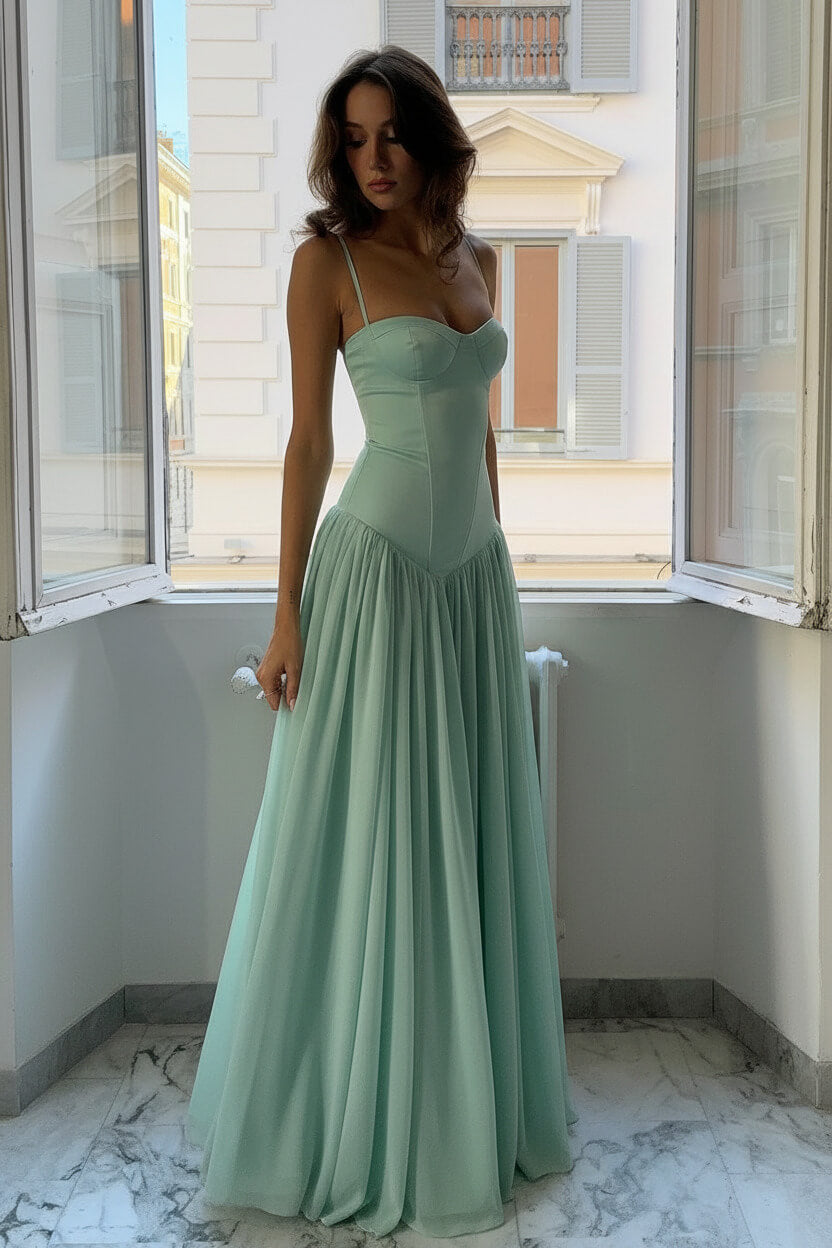 A Line Spaghetti Straps Pink Corset Prom Dress With Ruffles Formal Evening Gown