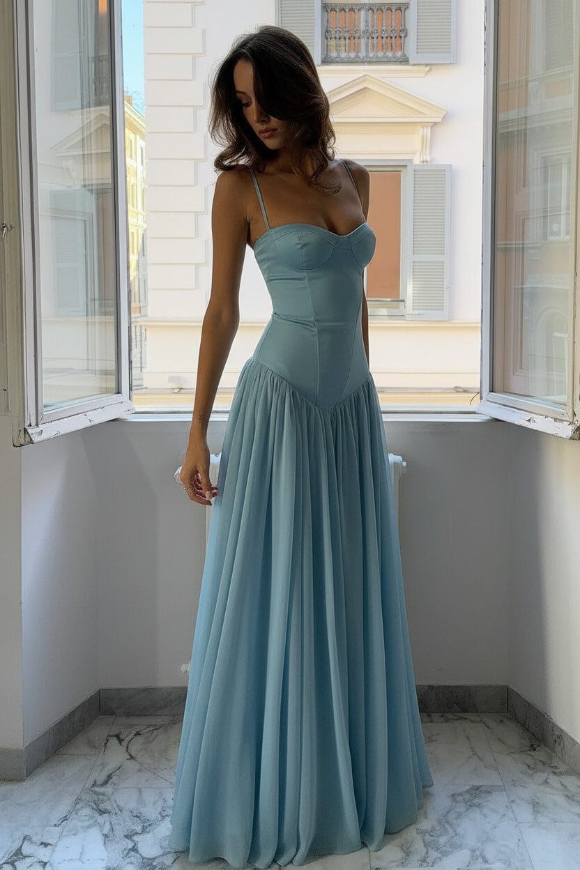 A Line Spaghetti Straps Pink Corset Prom Dress With Ruffles Formal Evening Gown