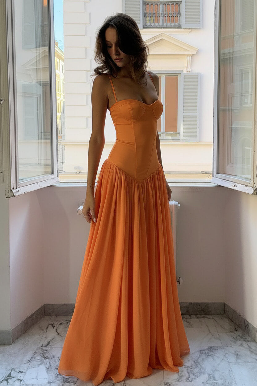 A Line Spaghetti Straps Pink Corset Prom Dress With Ruffles Formal Evening Gown