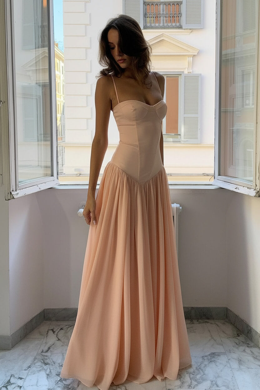 A Line Spaghetti Straps Pink Corset Prom Dress With Ruffles Formal Evening Gown