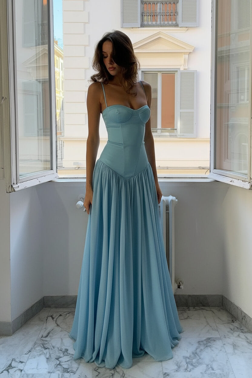 A Line Spaghetti Straps Pink Corset Prom Dress With Ruffles Formal Evening Gown