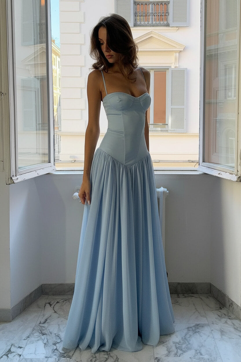 A Line Spaghetti Straps Pink Corset Prom Dress With Ruffles Formal Evening Gown