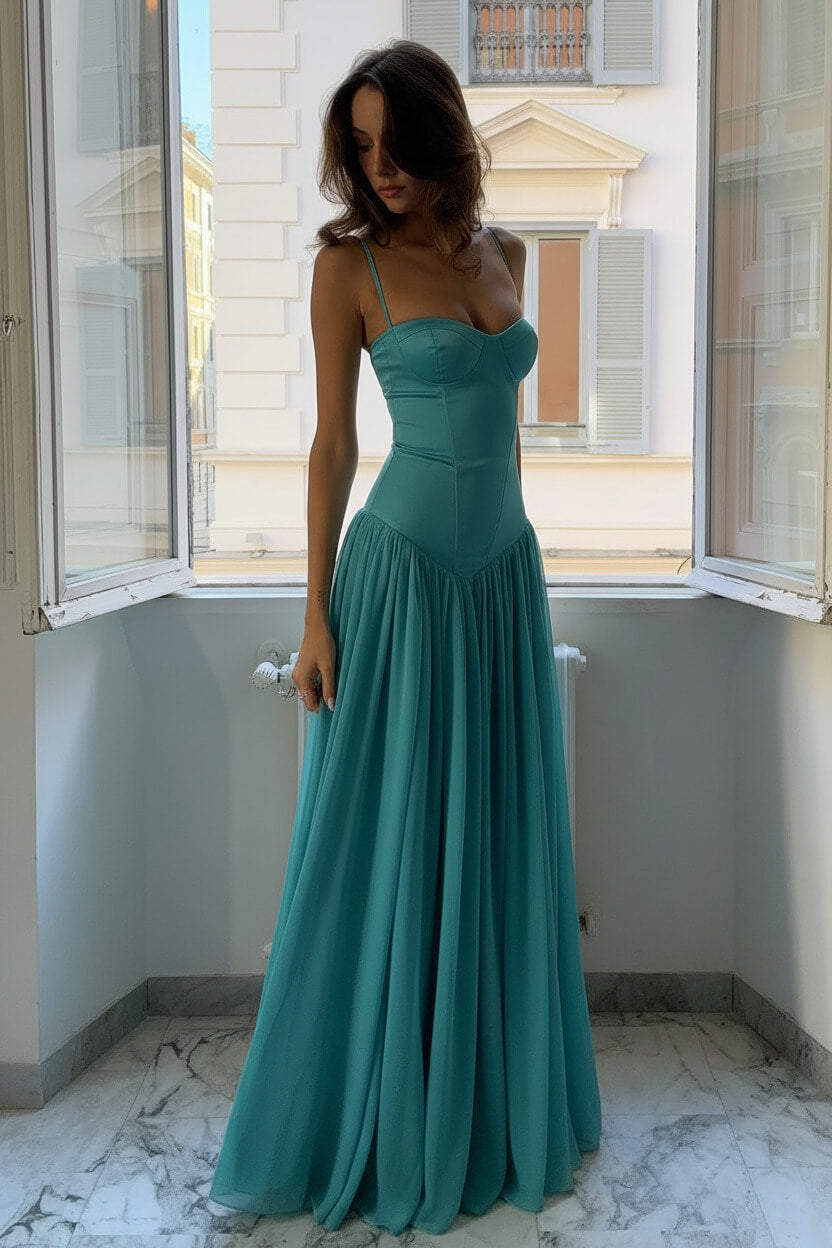 A Line Spaghetti Straps Pink Corset Prom Dress With Ruffles Formal Evening Gown