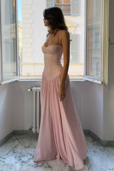 A Line Spaghetti Straps Pink Corset Prom Dress With Ruffles Formal Evening Gown