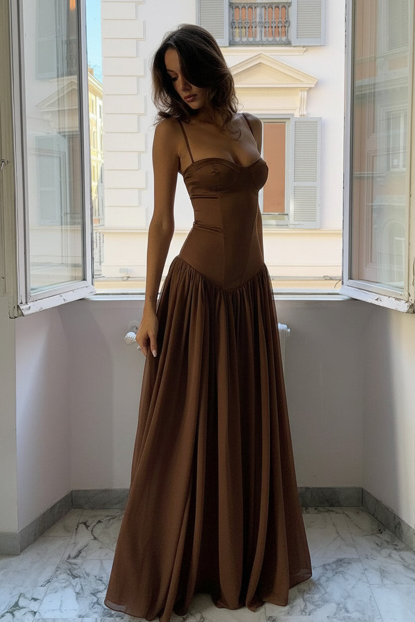 A Line Spaghetti Straps Pink Corset Prom Dress With Ruffles Formal Evening Gown