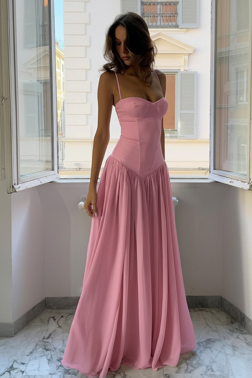 A Line Spaghetti Straps Pink Corset Prom Dress With Ruffles Formal Evening Gown