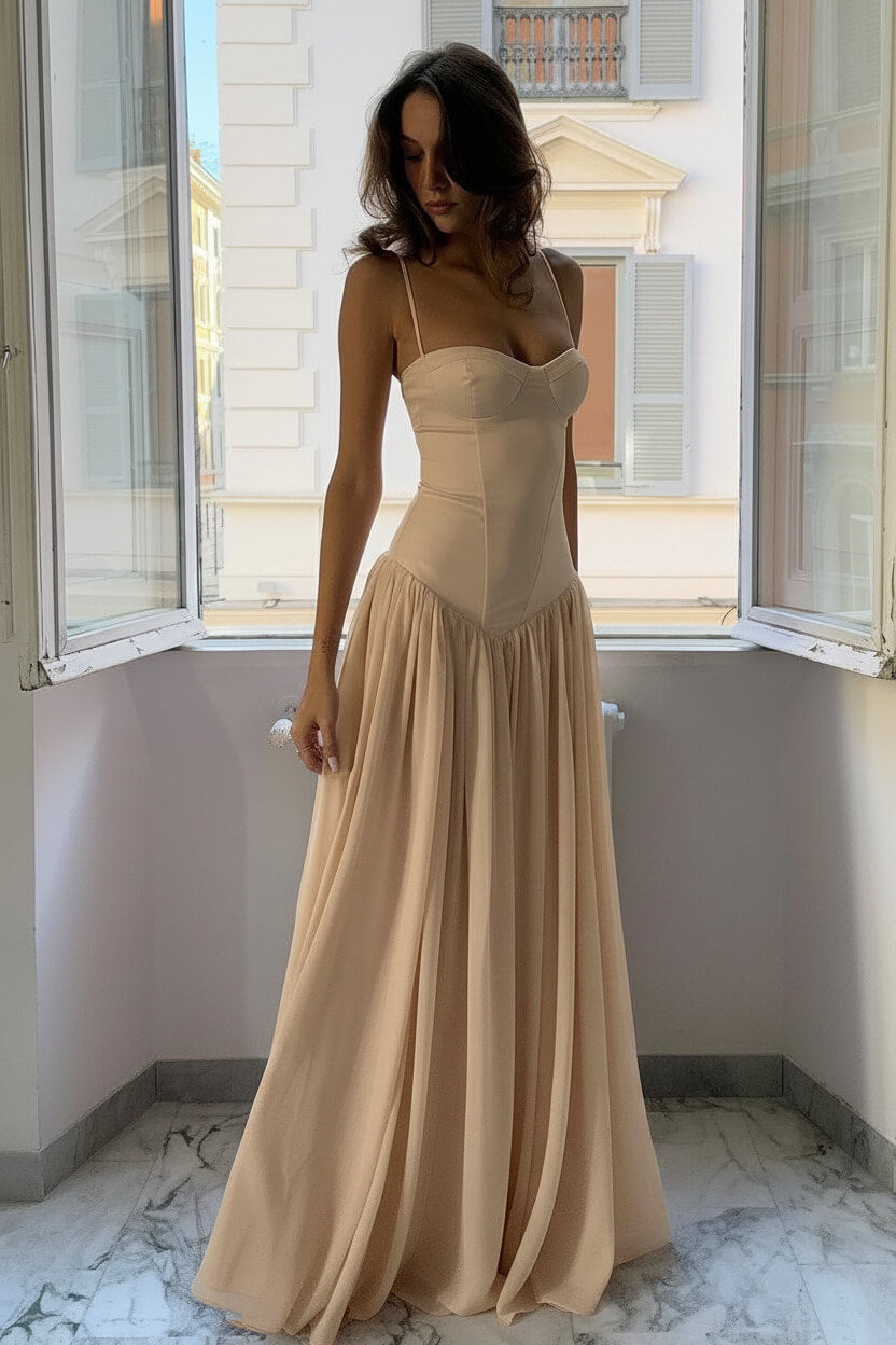 A Line Spaghetti Straps Pink Corset Prom Dress With Ruffles Formal Evening Gown