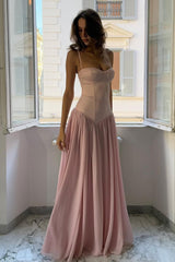 A Line Spaghetti Straps Pink Corset Prom Dress With Ruffles Formal Evening Gown
