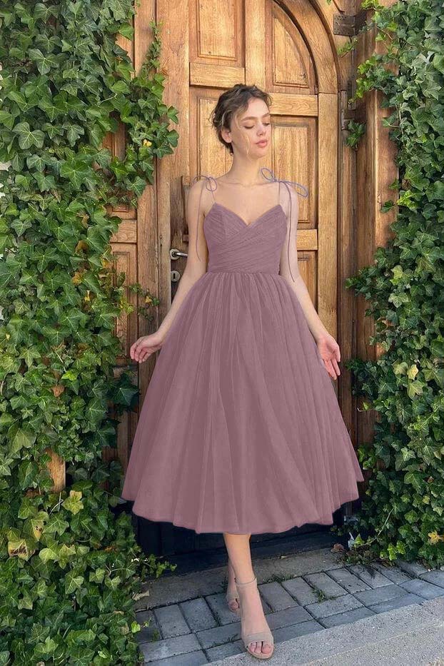A-Line Spaghetti Straps Tea Length Prom Dress Blue Graduation Dress