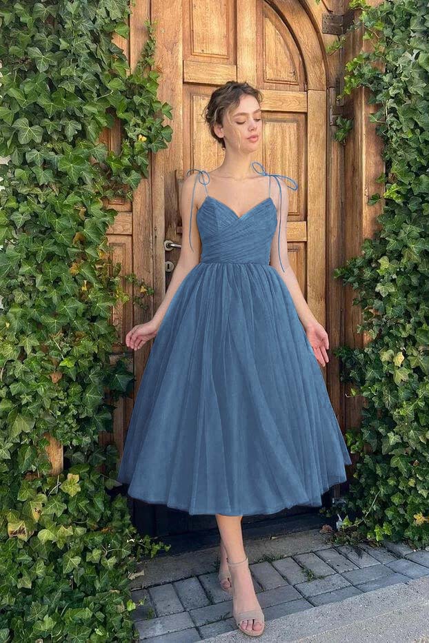green emerald velvet dress Dreamyanie Women A-Line Spaghetti Straps Tea Length Prom Dress Blue Graduation  Dress – Dreamyannie UK