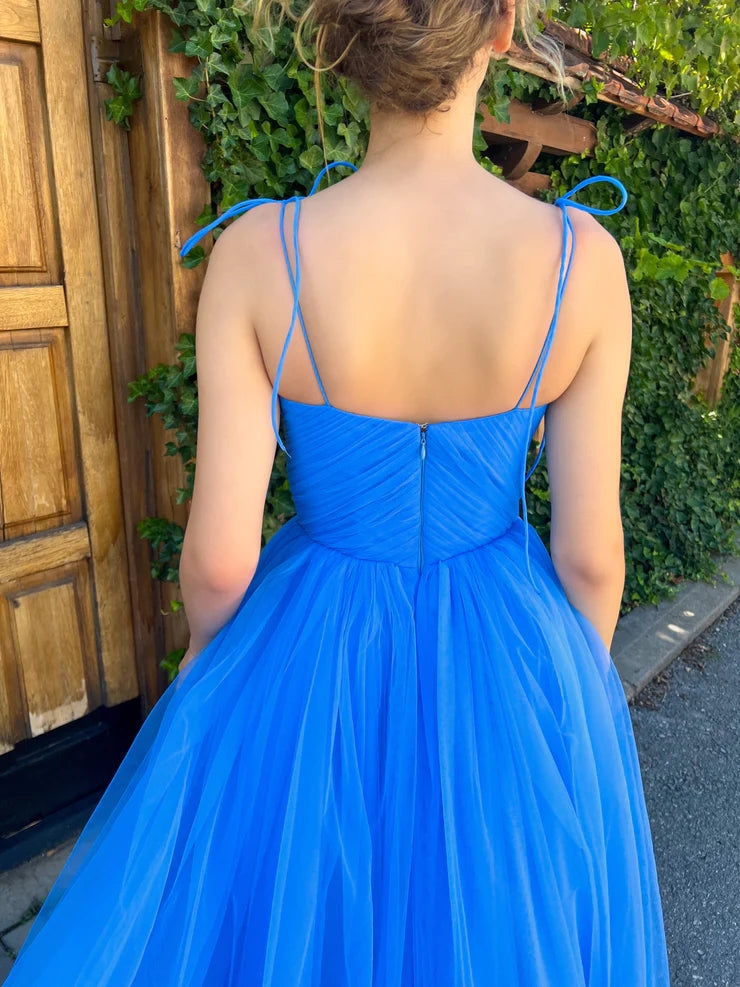 A-Line Spaghetti Straps Tea Length Prom Dress Blue Graduation Dress