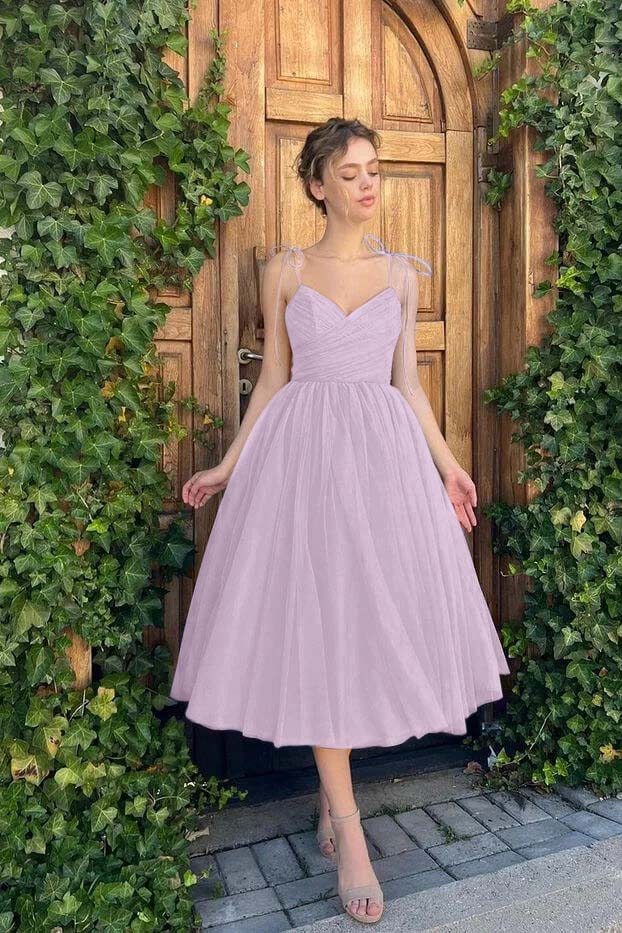 Dreamyanie Women A-Line Spaghetti Straps Tea Length Prom Dress Blue Graduation  Dress  Dreamyannie UK