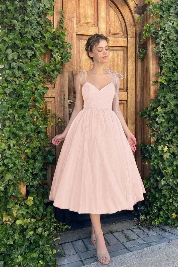 A-Line Spaghetti Straps Tea Length Prom Dress Blue Graduation Dress