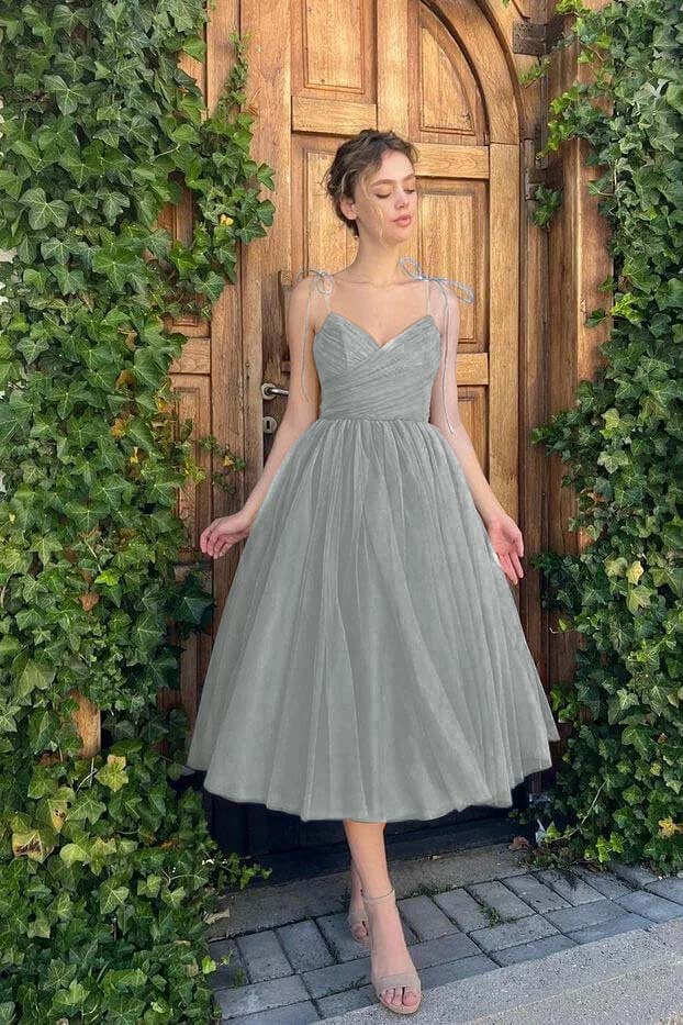 Dreamyanie Women A-Line Spaghetti Straps Tea Length Prom Dress Blue  Graduation Dress  Dreamyannie UK