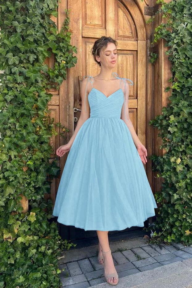 Dreamyanie Women A-Line Spaghetti Straps Tea Length Prom Dress Blue  Graduation Dress – Dreamyannie UK