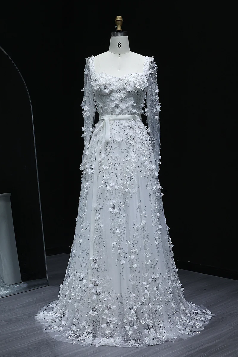 A Line Square Neck 3D Flowers Beaded Formal Dress With Sleeves