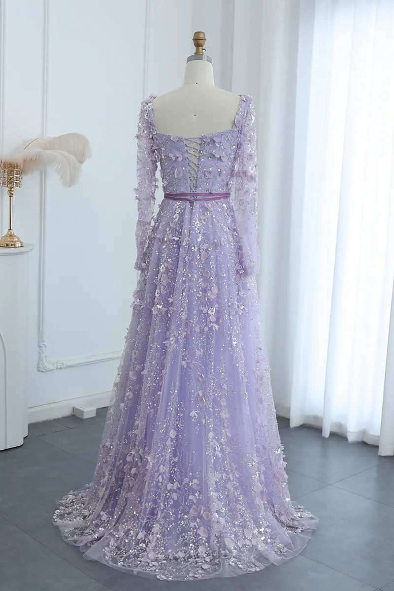 A Line Square Neck 3D Flowers Beaded Formal Dress With Sleeves