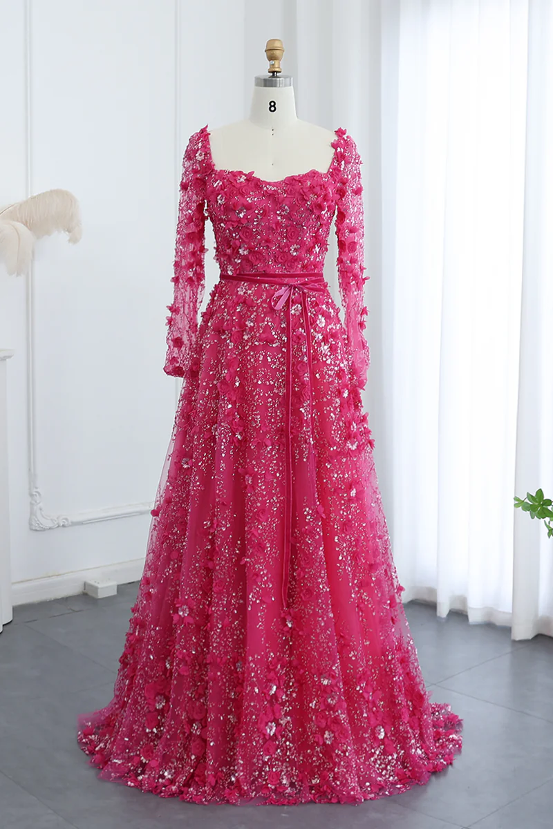 A Line Square Neck 3D Flowers Beaded Formal Dress With Sleeves