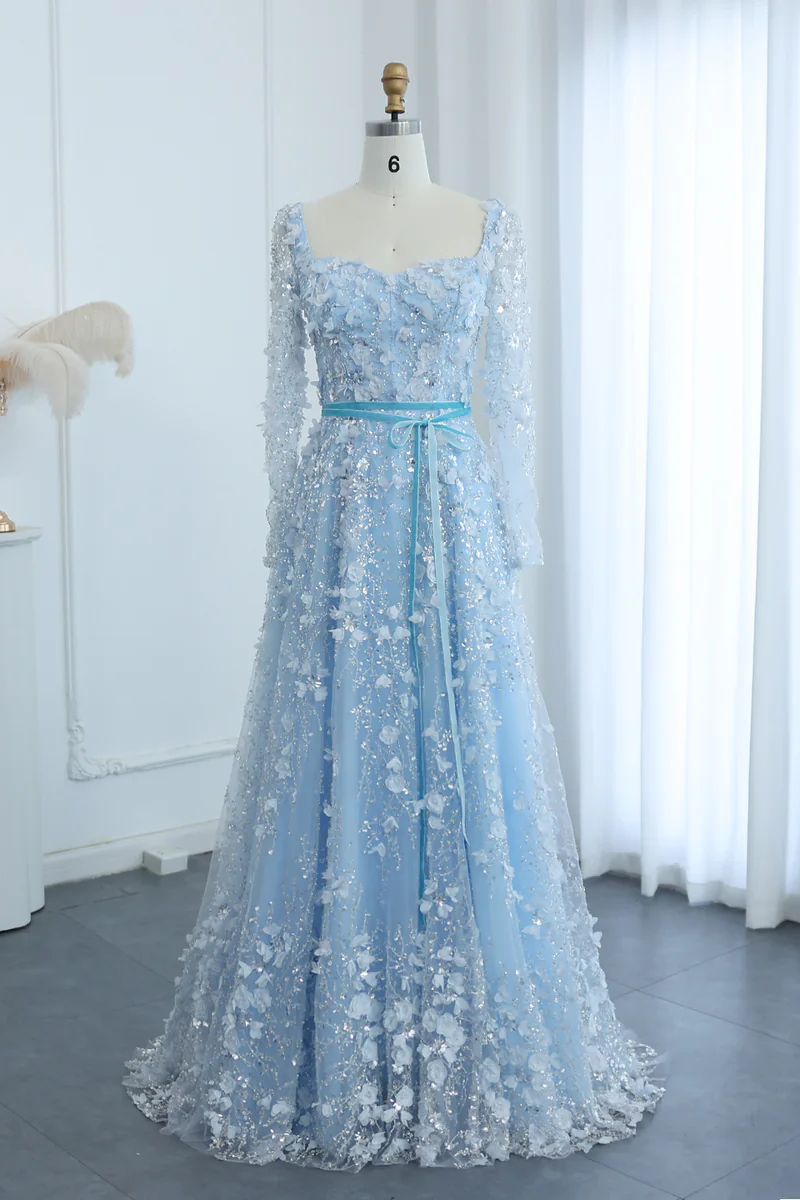 A Line Square Neck 3D Flowers Beaded Formal Dress With Sleeves