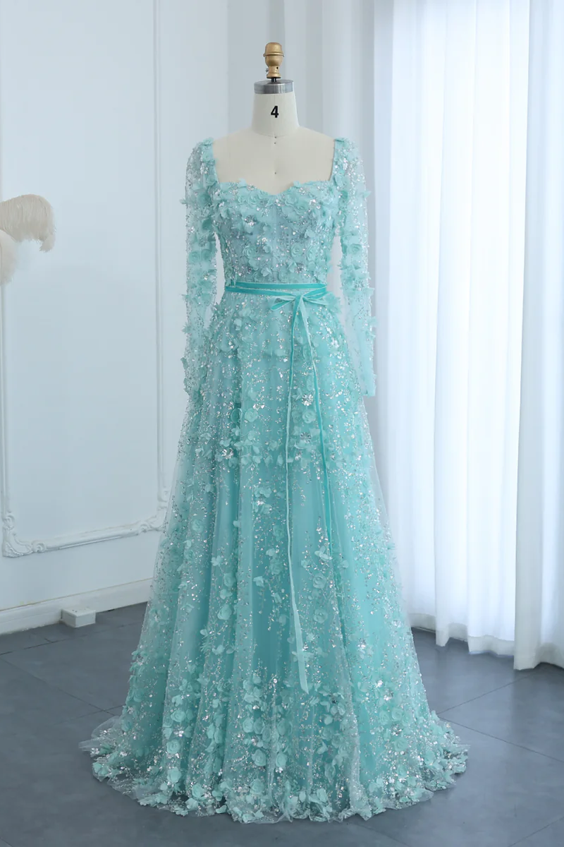 A Line Square Neck 3D Flowers Beaded Formal Dress With Sleeves