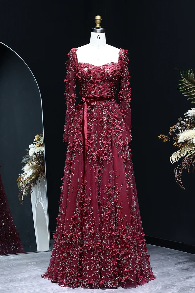 A Line Square Neck 3D Flowers Beaded Formal Dress With Sleeves