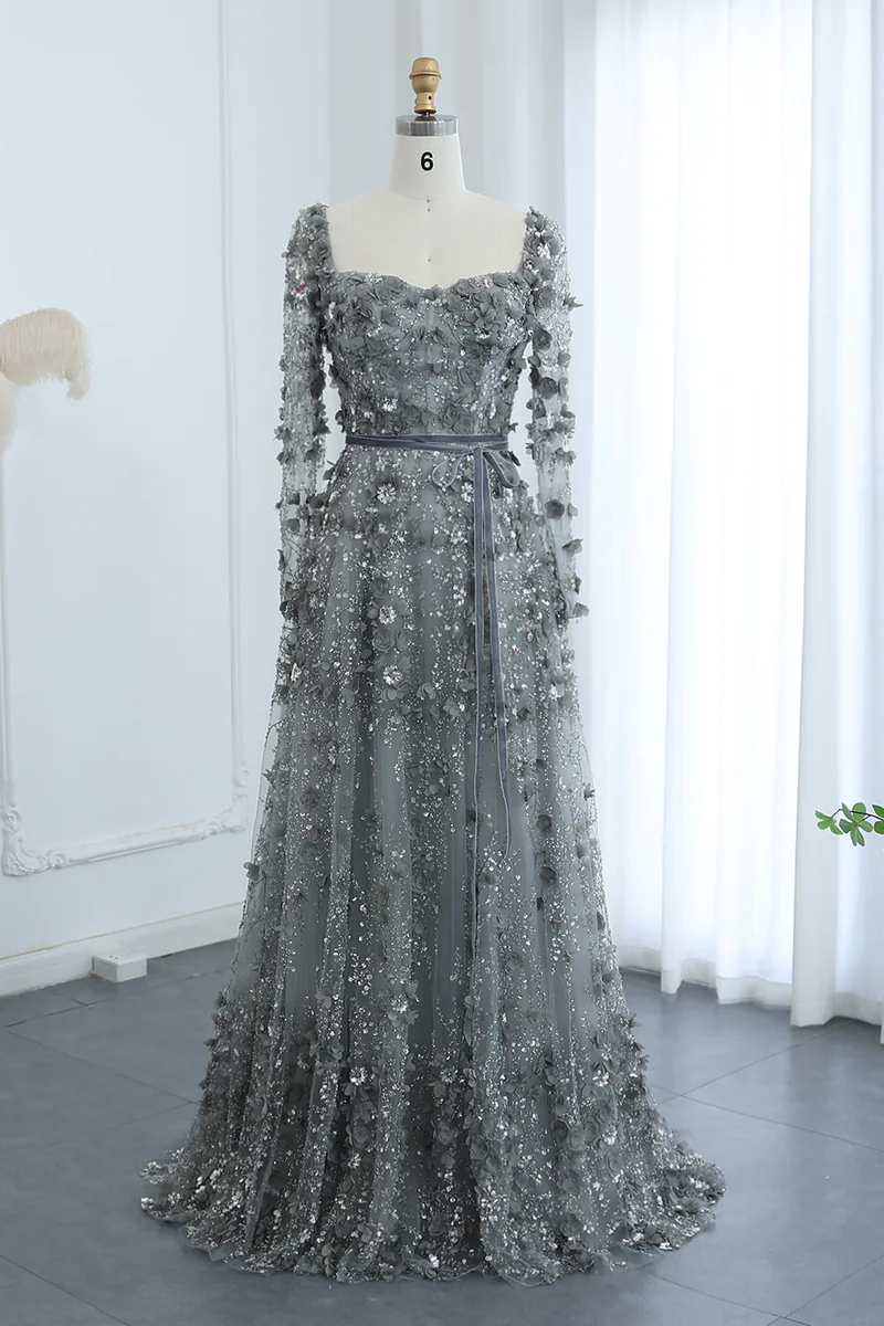 A Line Square Neck 3D Flowers Beaded Formal Dress With Sleeves