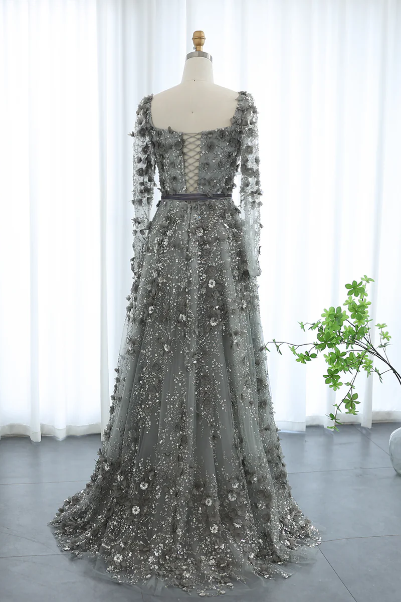 A Line Square Neck 3D Flowers Beaded Formal Dress With Sleeves