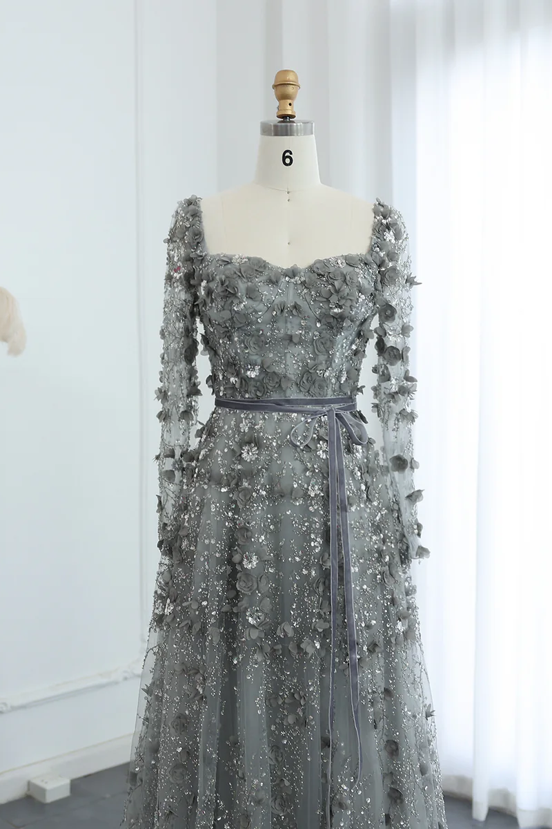 A Line Square Neck 3D Flowers Beaded Formal Dress With Sleeves
