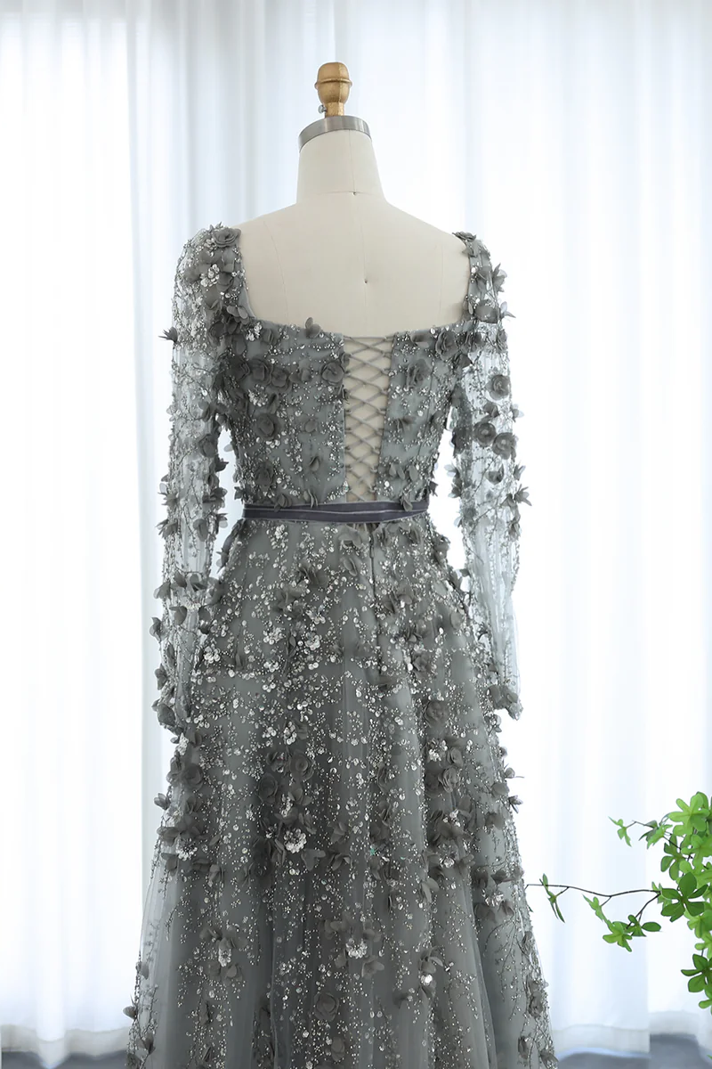 A Line Square Neck 3D Flowers Beaded Formal Dress With Sleeves