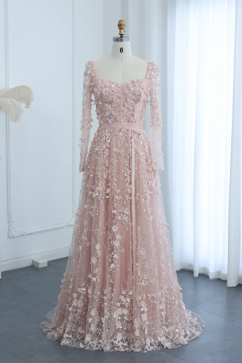 A Line Square Neck 3D Flowers Beaded Formal Dress With Sleeves