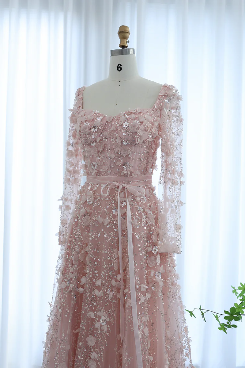 A Line Square Neck 3D Flowers Beaded Formal Dress With Sleeves
