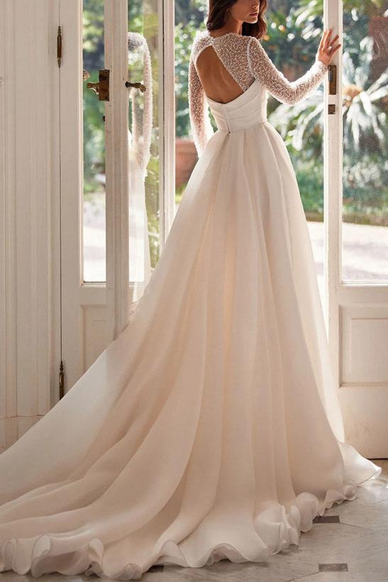 A-Line Square Neckline Long Sleeves Chiffon Beach Wedding Dresses With High Split