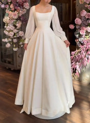 A Line Square Neckline Long Sleeves Floor Length Chiffon Elastic Satin Wedding Dress