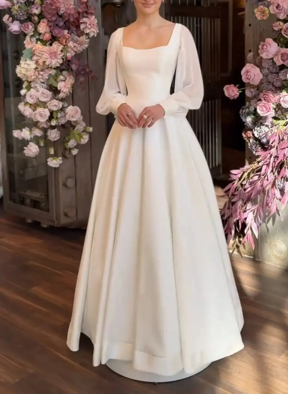 A Line Square Neckline Long Sleeves Floor Length Chiffon Elastic Satin Wedding Dress