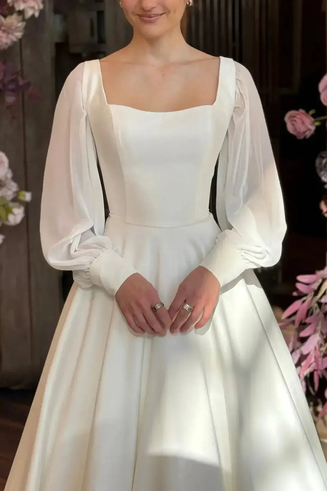 A Line Square Neckline Long Sleeves Floor Length Chiffon Elastic Satin Wedding Dress