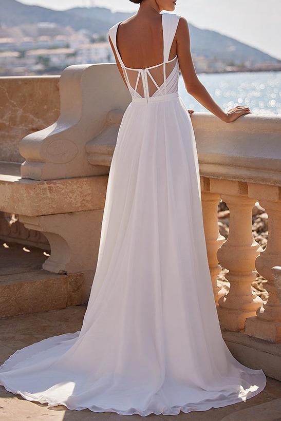 A-Line Square Neckline Sleeveless Chiffon Beach Wedding Dresses With High Split