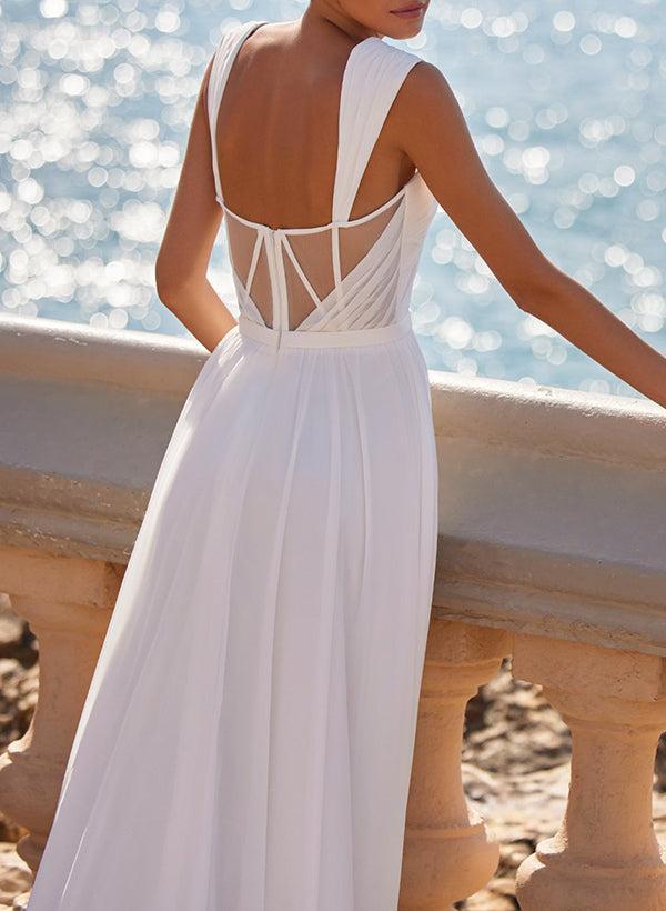A-Line Square Neckline Sleeveless Chiffon Beach Wedding Dresses With High Split