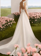 A Line Square Neckline Sleeveless Court Train Chiffon Satin Wedding Dress with Flowers and Overskirt