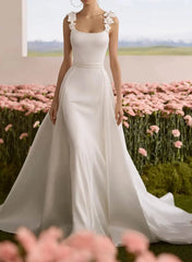 A Line Square Neckline Sleeveless Court Train Chiffon Satin Wedding Dress with Flowers and Overskirt