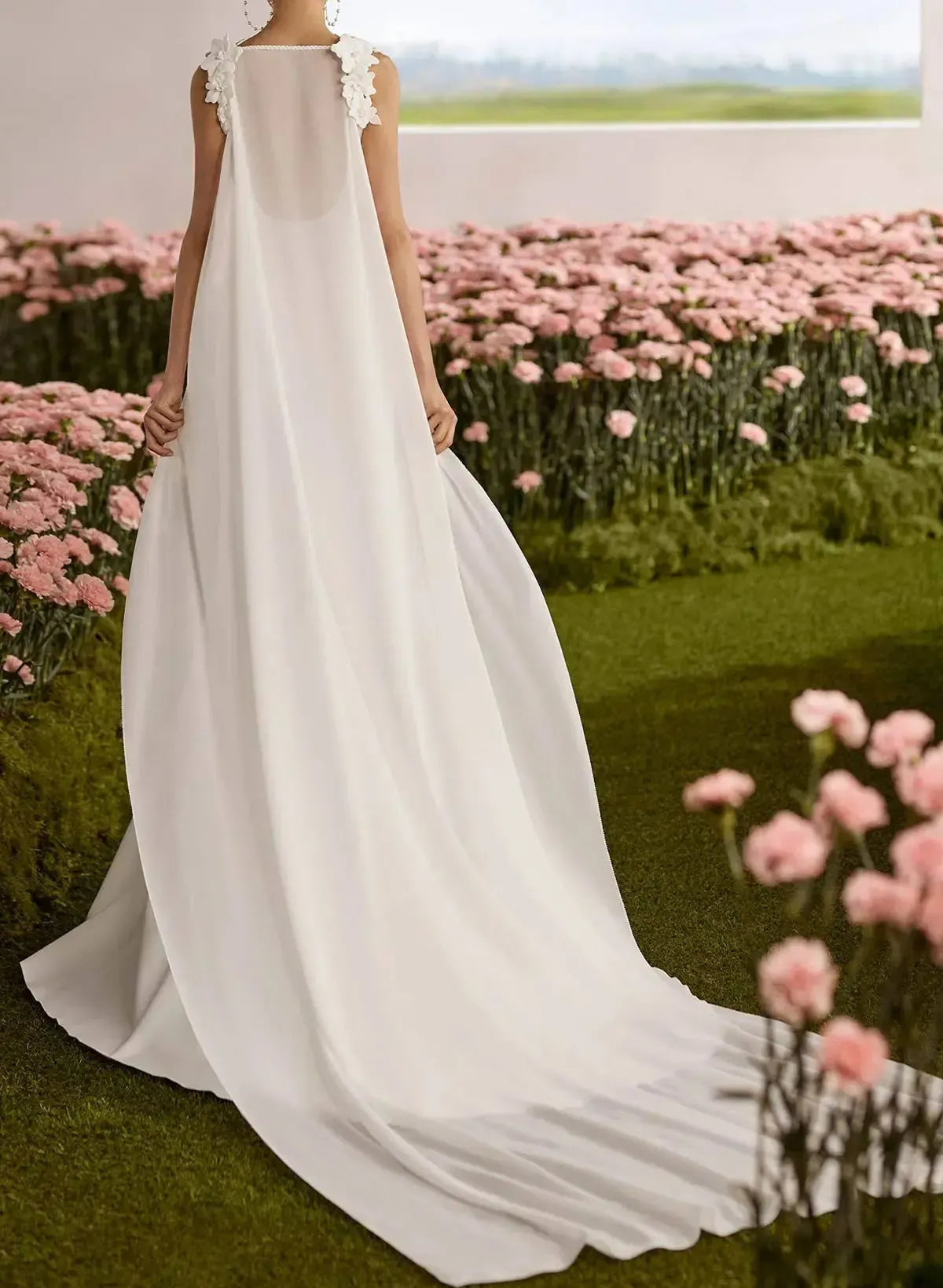 A Line Square Neckline Sleeveless Court Train Chiffon Satin Wedding Dress with Flowers and Overskirt