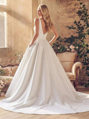 A Line Square Neckline Sleeveless Court Train Satin Wedding Dress with Pockets