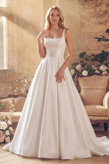 A Line Square Neckline Sleeveless Court Train Satin Wedding Dress with Pockets