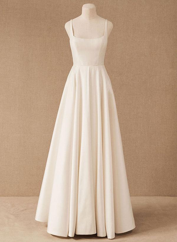 A-Line Square Neckline Sleeveless Satin Court Train Beach Wedding Dresses With Pleated Pockets