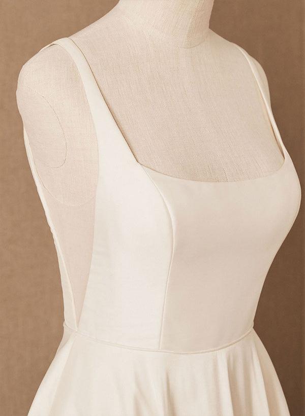 A-Line Square Neckline Sleeveless Satin Court Train Beach Wedding Dresses With Pleated Pockets