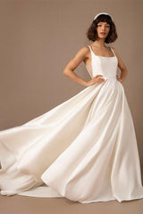 A-Line Square Neckline Sleeveless Satin Court Train Beach Wedding Dresses With Pleated Pockets