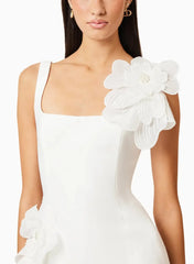 A Line Square Neckline Sleeveless Short Mini Satin Tulle Wedding Dress with Side Drape