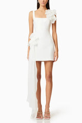 A Line Square Neckline Sleeveless Short Mini Satin Tulle Wedding Dress with Side Drape