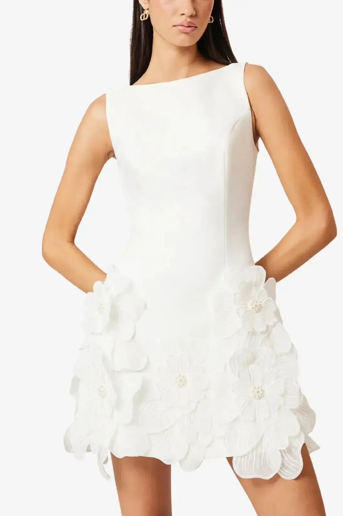 A Line Square Neckline Sleeveless Short Mini Satin Wedding Dress with Flower